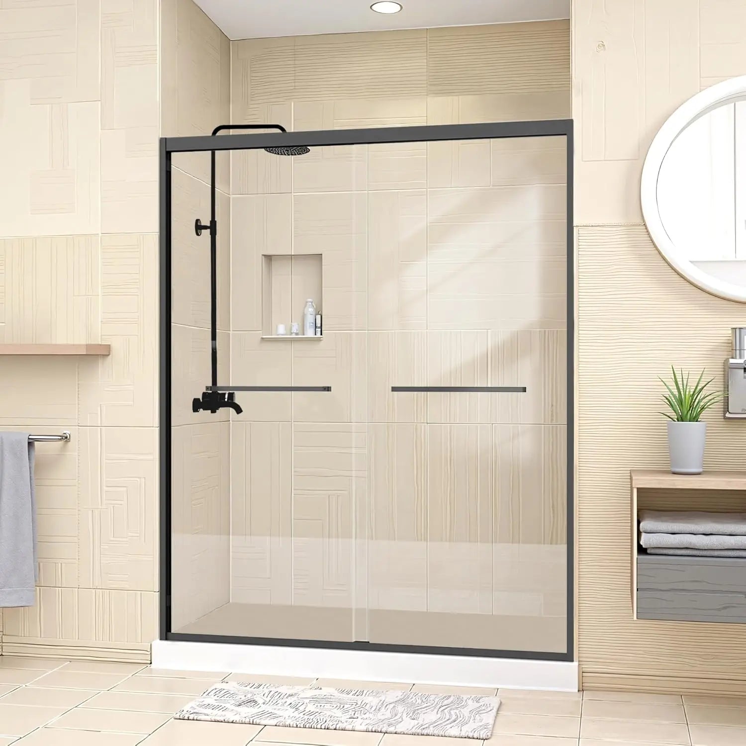 56-60 In. W X 72 . H Double Sliding Shower Door With 2 Stainless Steel Handle Semi-Frameless Glass 1/4 In