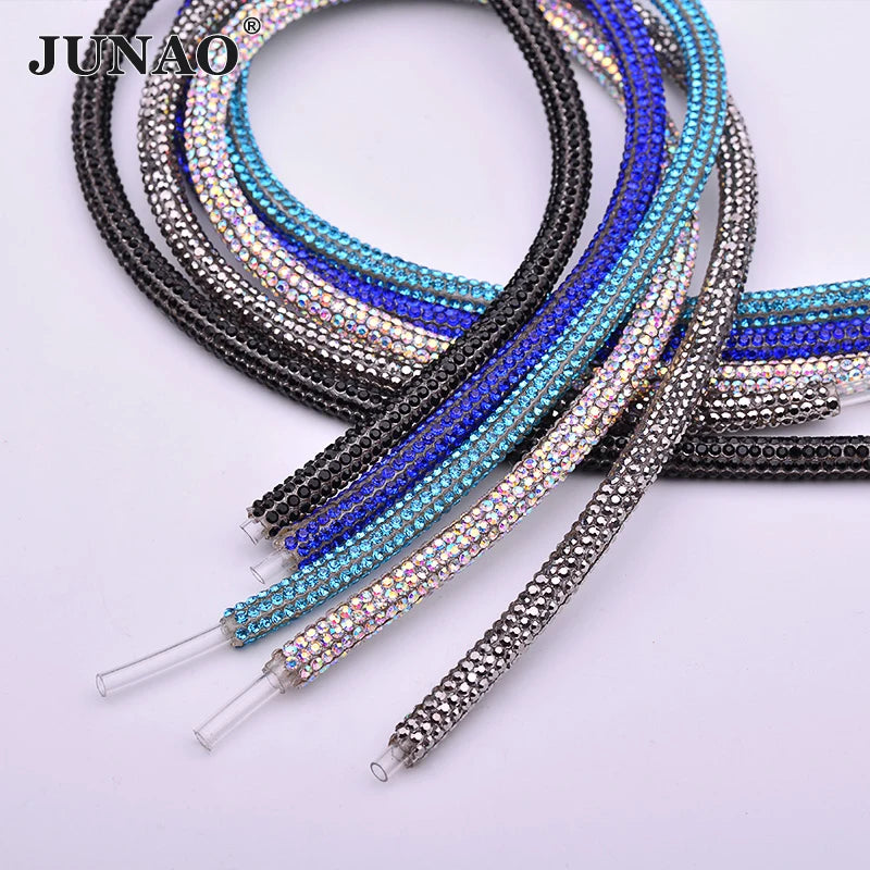 JUNAO 6mm Diameter Glass Rhinestones Cord DIY Crafts Hotfix Crystal AB Rhinestones Chain for Dress Making