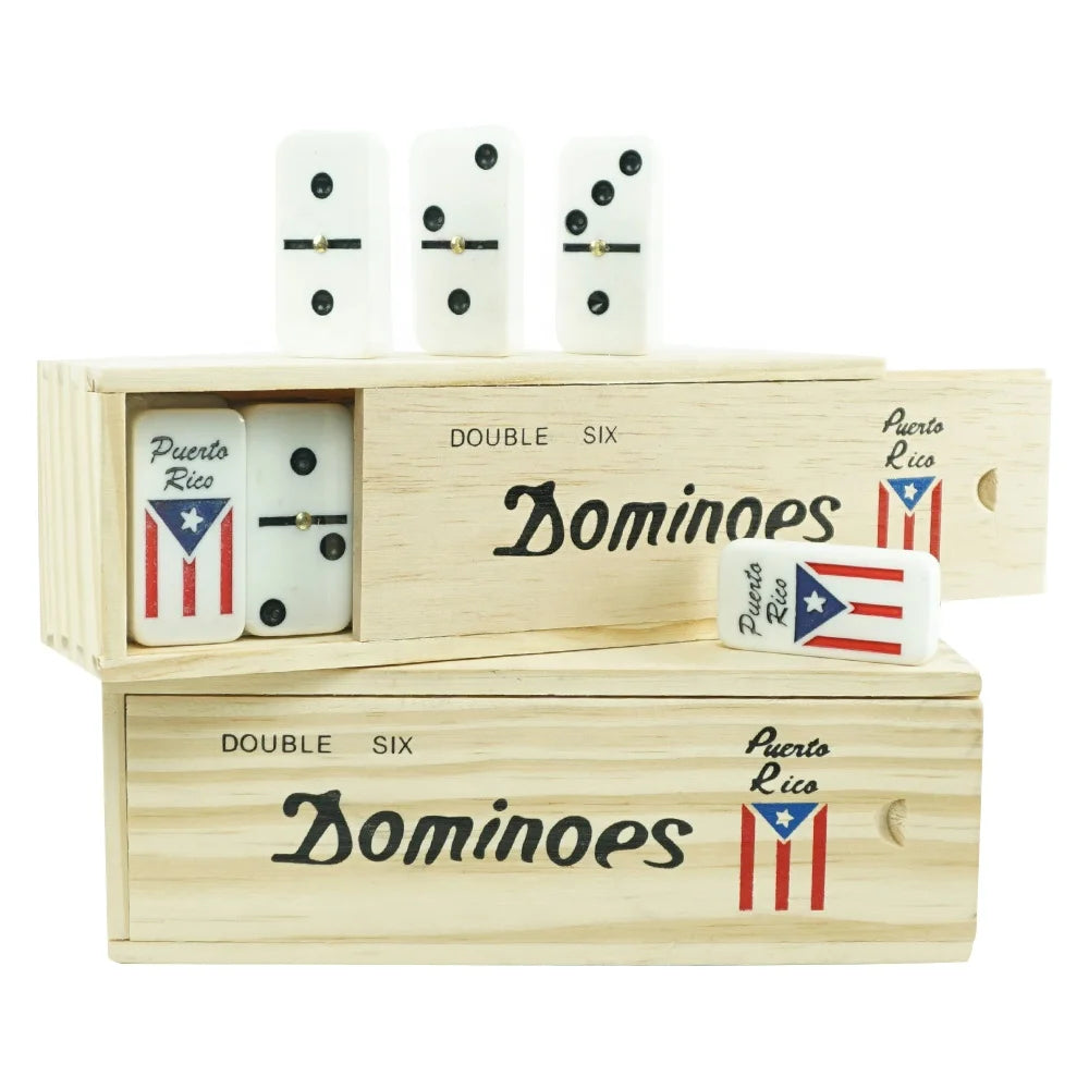 Hot Selling 5010 Model Puerto Rico Dominoes Blocks Engraved logo on Domino Back with Puerto Rican Flag Printed Wood Domino Box