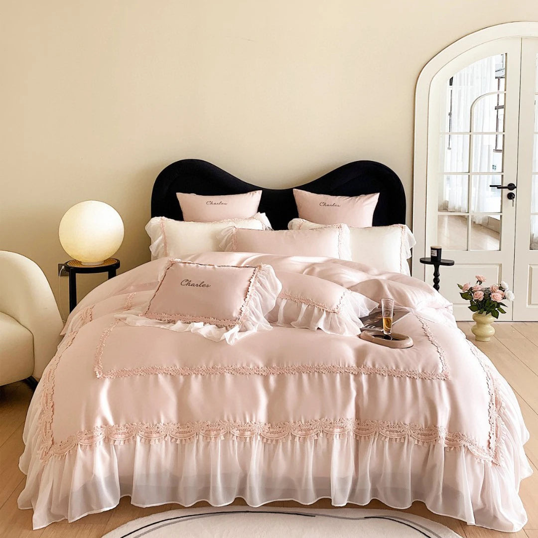 100% Lyocell Fiber Bed Sheet pink Duvet Cover Exquisite Queen Size Lace Embroidery Duvet Cover Bedding Set Wholesaler