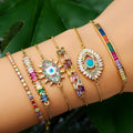 Luxury 18K Real Gold Plated Adjustable Copper Tennis Chain Colorful Cubic Zircon Women Charm Blue Evil Eye Bracelet Set Jewelry