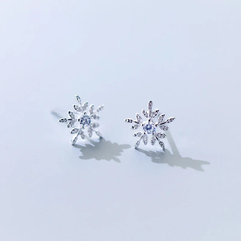 9MM Geometric 925 Sterling Silver Snowflake Zircon Stud Earring Women Jewelry Christmas Present