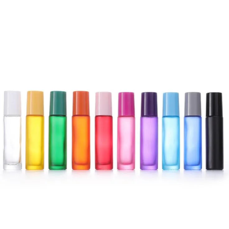 In Stock 5ml 10ml Frosted/matte rainbow Colors Glass Roll on Bottle With Steel Roller and Colorful Plastic Cap