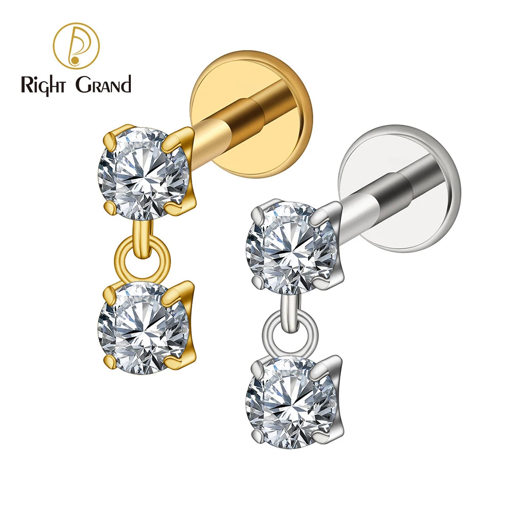 Right Grand ASTM F136 Titanium 16G Double CZ Floating Dangle Tragus Helix Cartilage Stud Internally Threaded Charm Drop Earring