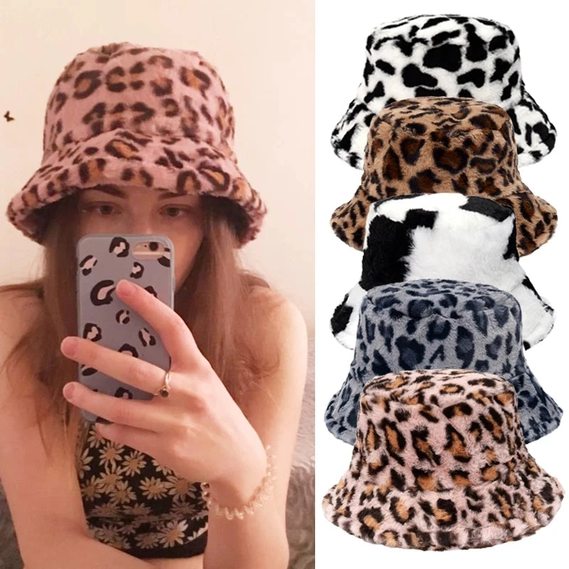 Fashion Outdoor Fashion Warm Winter Leopard Cow Colorful Plush Soft Women Faux Fur Velvet Fisherman Bucket Cap Girls Hat