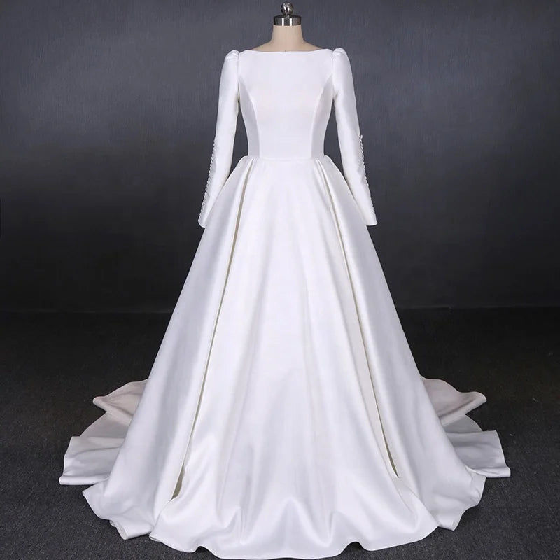 Jancember LSDZ63 Simple Muslim Satin Long Sleeve Bridal Wedding Gowns Dresses
