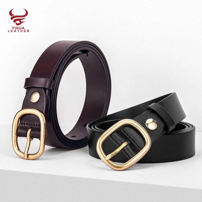 Leather Belts for Woman Dress Waist Belts Brass Buckle Cowhide Leather Classic Fashion French Women's Belt