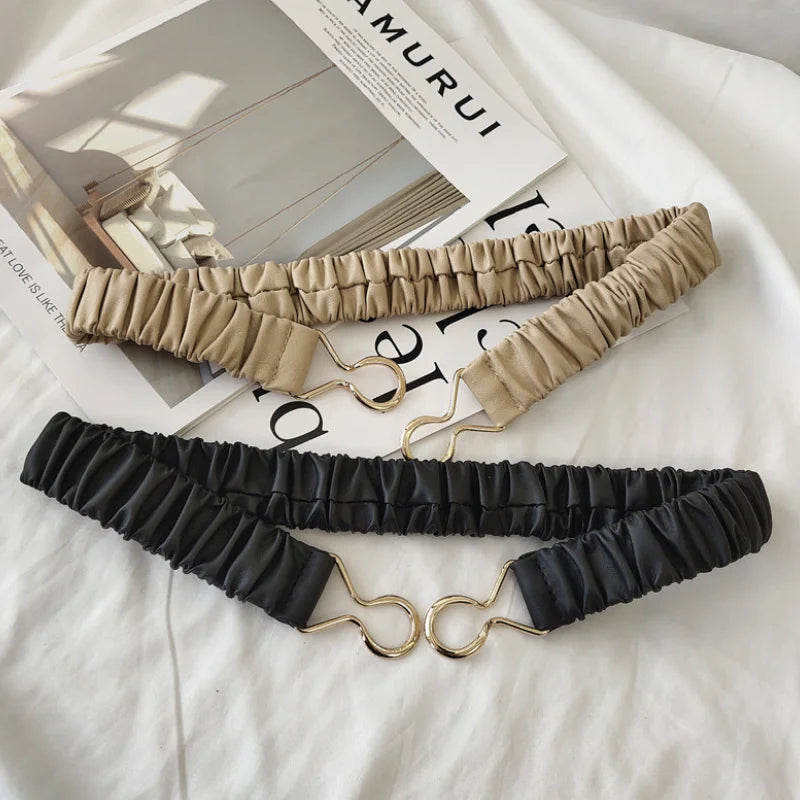 Fashion Buckle Thin Belt Women Decorative Waist Belt Faux Leather Elastic Thin Belt for Women Dress