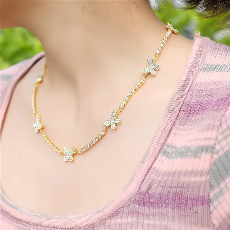 Hip Hop Jewelry CZ Charm Link Chain Jewelry Set 18k Gold Plated Alloy Butterfly Charm Tennis Chain Bracelet Necklace for Women