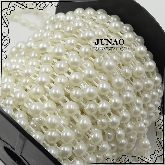 JUNAO 6mm Sewing Half Round Pearls String White Loose Pearls Pearls Rhinestones Trim for Evening Dress  Decoration
