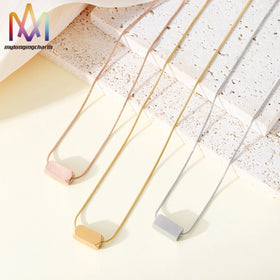 Customizable Logo Gold-Plated Stainless Steel Snake Chain Necklace Rectangular Pendant Trendy Geometric Style Blank Tube Charm