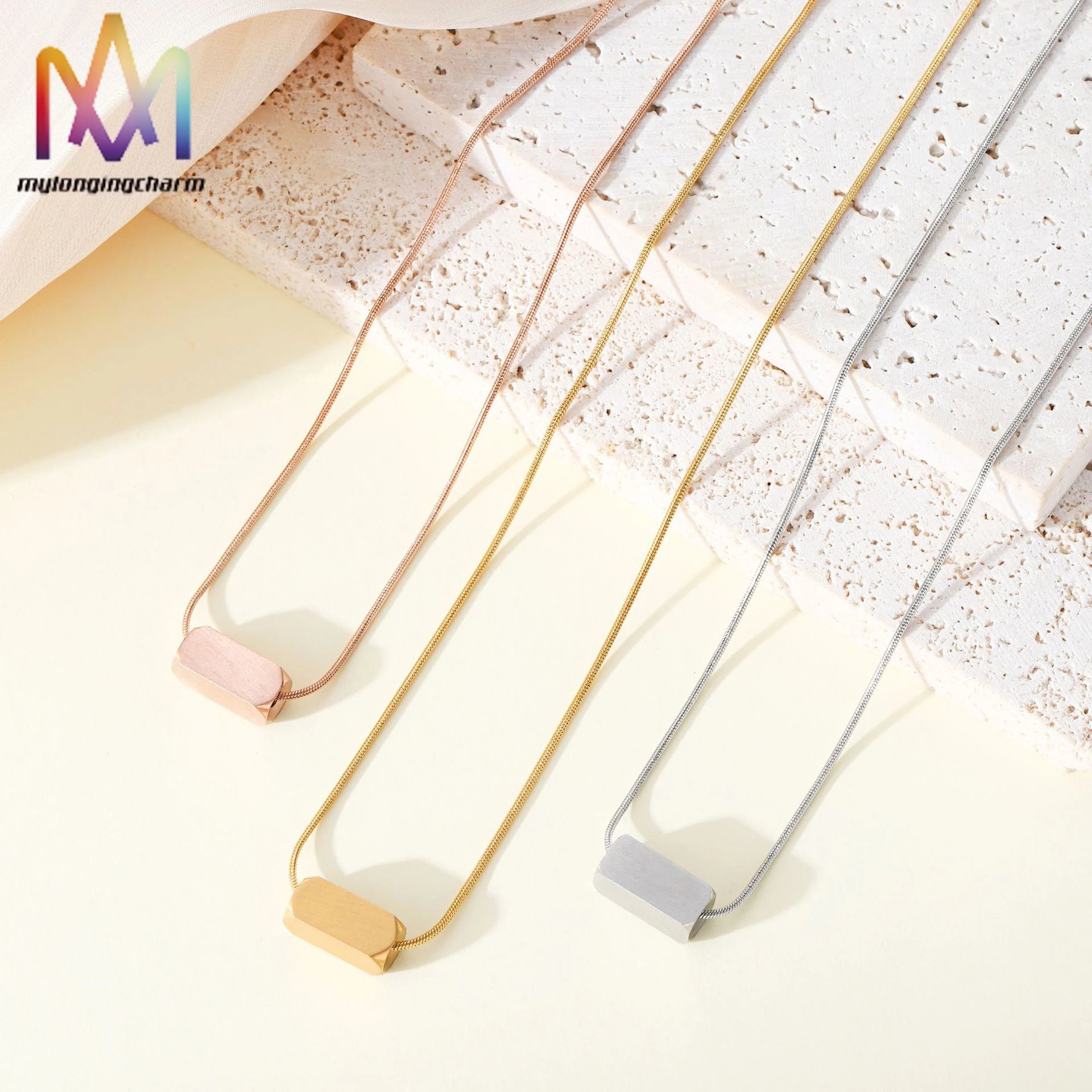 Customizable Logo Gold-Plated Stainless Steel Snake Chain Necklace Rectangular Pendant Trendy Geometric Style Blank Tube Charm