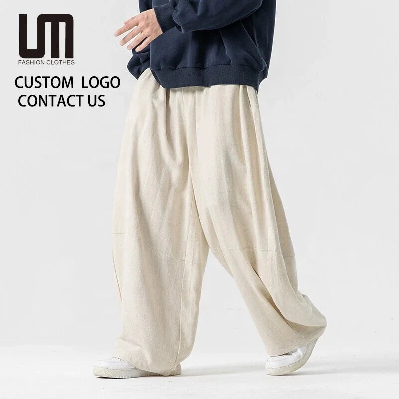 Clearance Sales Cotton Linen Wide Leg Pants Solid Color Elastic Waist Harem Pants Hip Hop Casual Trousers Vintage for Men
