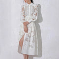 Retro Style Autumn Women's New Lapel Long Lantern Sleeve Long Embroidery Hollow Solid Color Dress