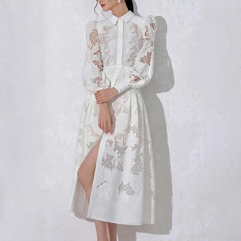 Retro Style Autumn Women's New Lapel Long Lantern Sleeve Long Embroidery Hollow Solid Color Dress