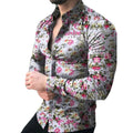 RNSHANGER Long Sleeved Flower Printed Shirt for Men Autumn Fashion Long Sleeved T-shirt Lapel Shirt Street Clothes Men Shirts
