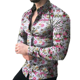 RNSHANGER Long Sleeved Flower Printed Shirt for Men Autumn Fashion Long Sleeved T-shirt Lapel Shirt Street Clothes Men Shirts