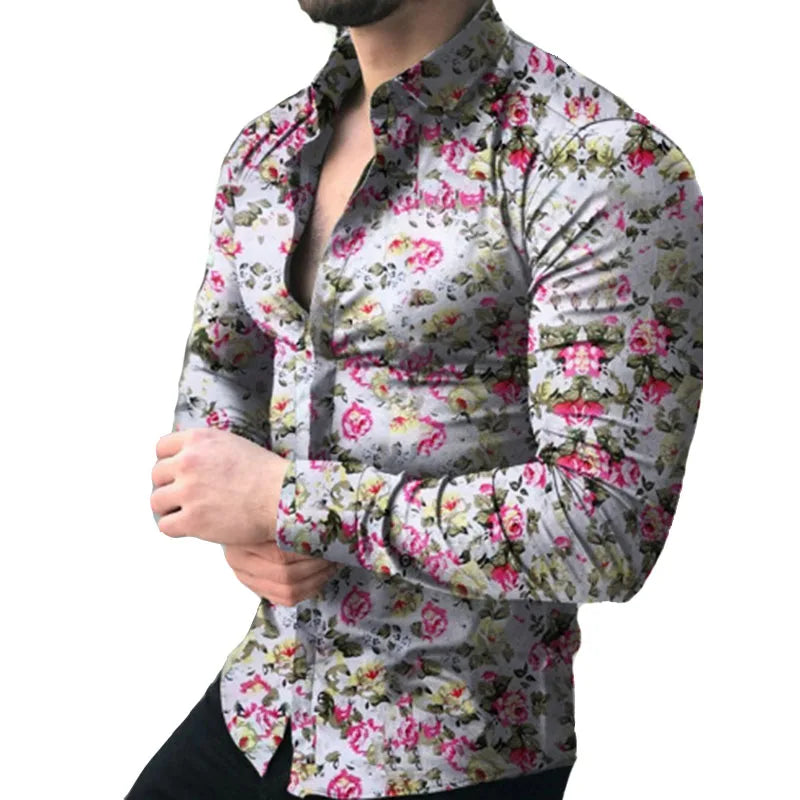 RNSHANGER Long Sleeved Flower Printed Shirt for Men Autumn Fashion Long Sleeved T-shirt Lapel Shirt Street Clothes Men Shirts