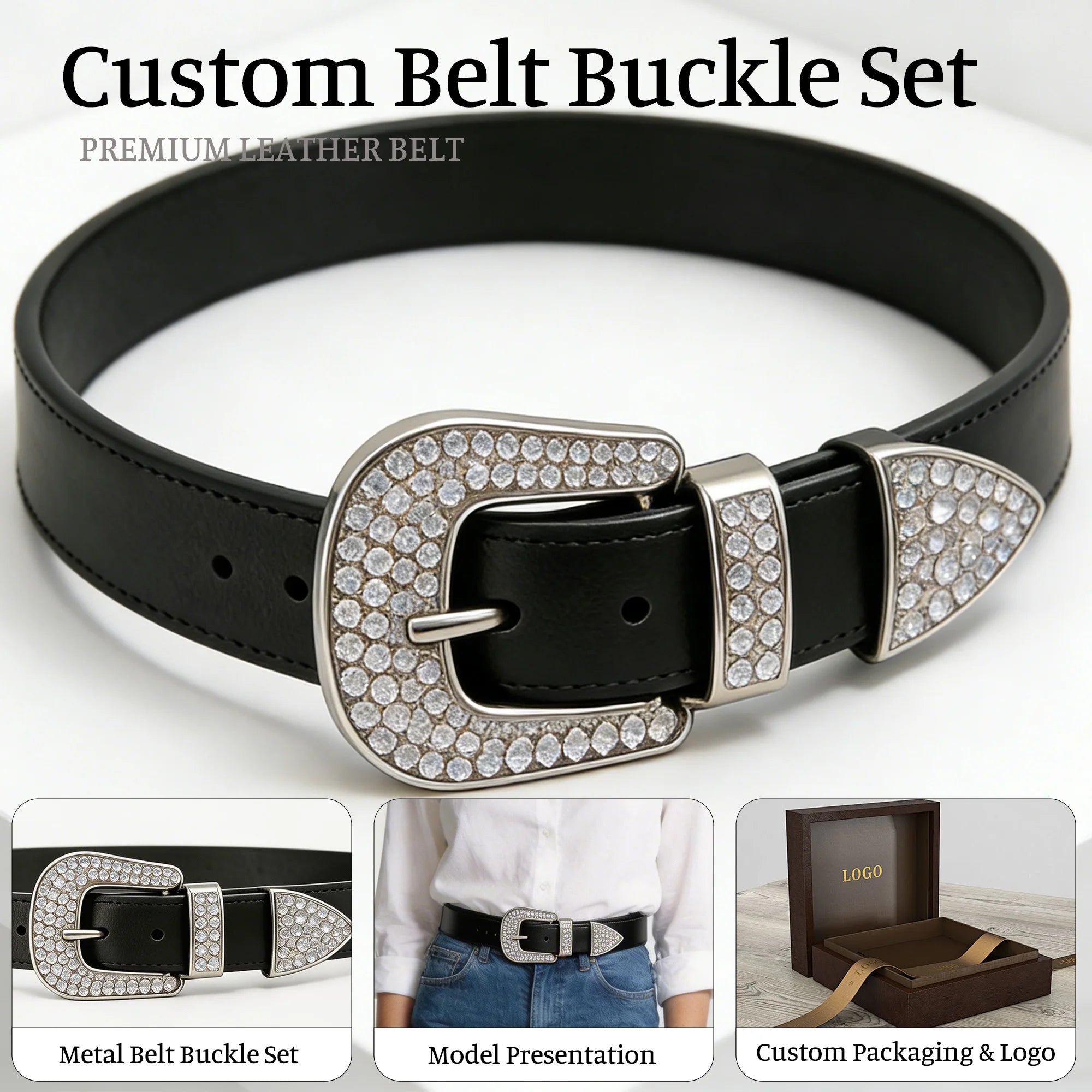 2025 Custom LOGO Factory Sale Various Widely 39mm 3 Piece Western Rhinestone Belt Buckles Set Buckles for Men