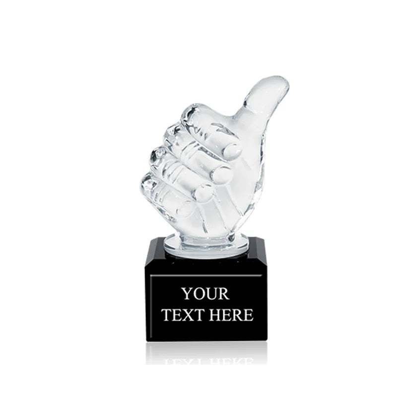 Cheap Custom UV Printing Glass Crystal Thumbs up Trophy Award with Gift Box