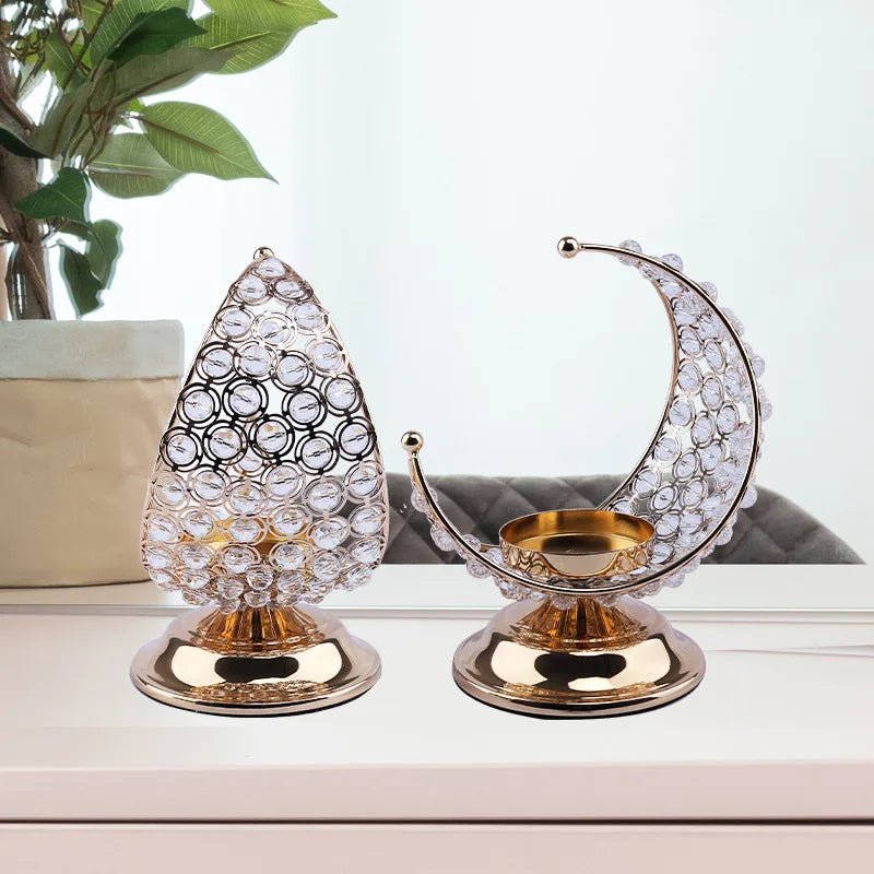 Hot Sale Creative Iron Gold Plated Handmade UV Printed Moon Shaped Candlestick Holder Box Home Decor Christmas Easter Ramadan