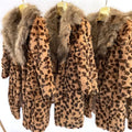 Winter Warm Long V-neck Real Rabbit Fur Collar Striped Cotton Woven Elegant Loose Women's Coat