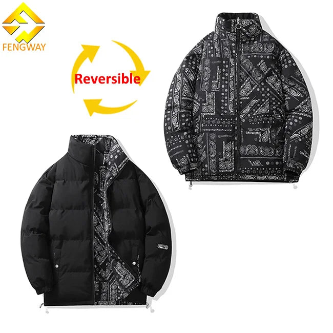 Men's High Quality Reversible Puffer Jacket for Cold Winter Thick Stand Collar Coat with Urban Style Black One Side Customizable