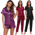 Womens Two Piece Sets Silk Pjs Red Satin Sleepwear Lounge Suit Button Down Shirt Sweat Shorts Long Pants Loungewear Pajamas