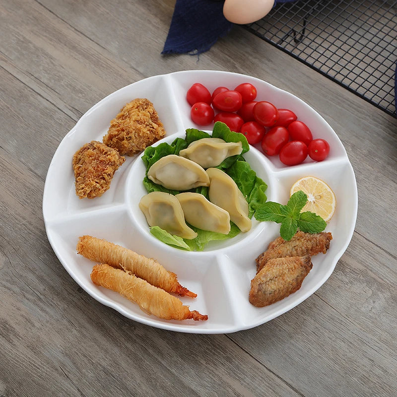 Wholesale Cheap White Round Ceramic Dessert Platter with 5 Dividers Custom Logo Dinner Plate Dish for Restaurants