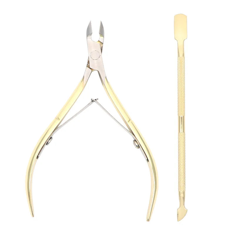 FOCSTAR 2-in-1 Gold Stainless Steel Nail Cuticle Nipper Pusher Set Nail Art Kit with PE Bag Fingers Custom Logo Model BT6015