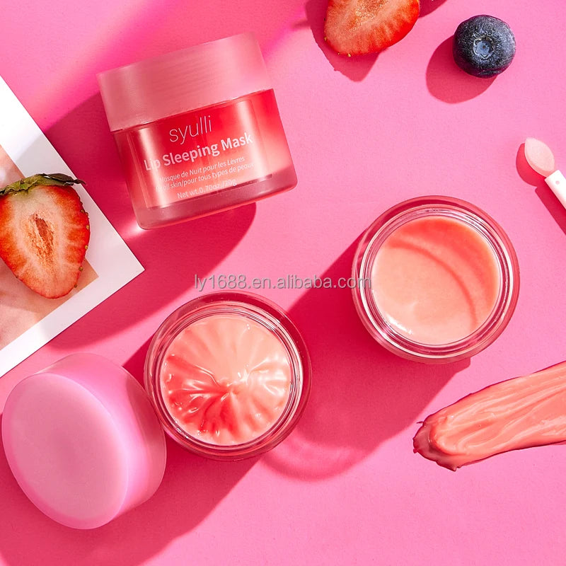 Private Label Organic Vitamin C Collagen Wrinkle Lip Mask Moisturizer Plumper Strawberry Cream Vegan Pink Lip Sleeping Mask