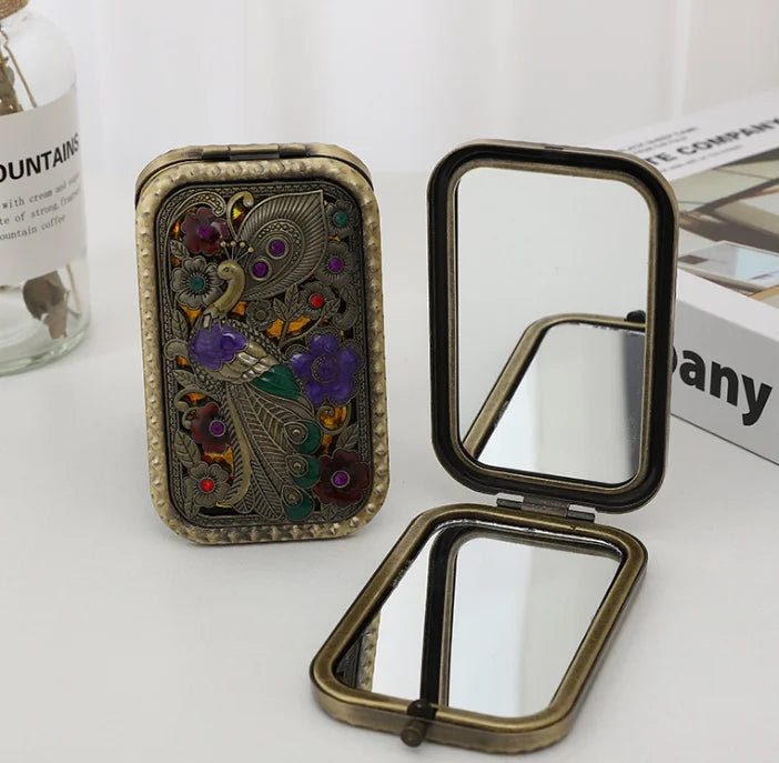Rectangular Mirror Engraved Hollow Retro Body Makeup Mirror Double-sided Folding Portable Dressing Mirror