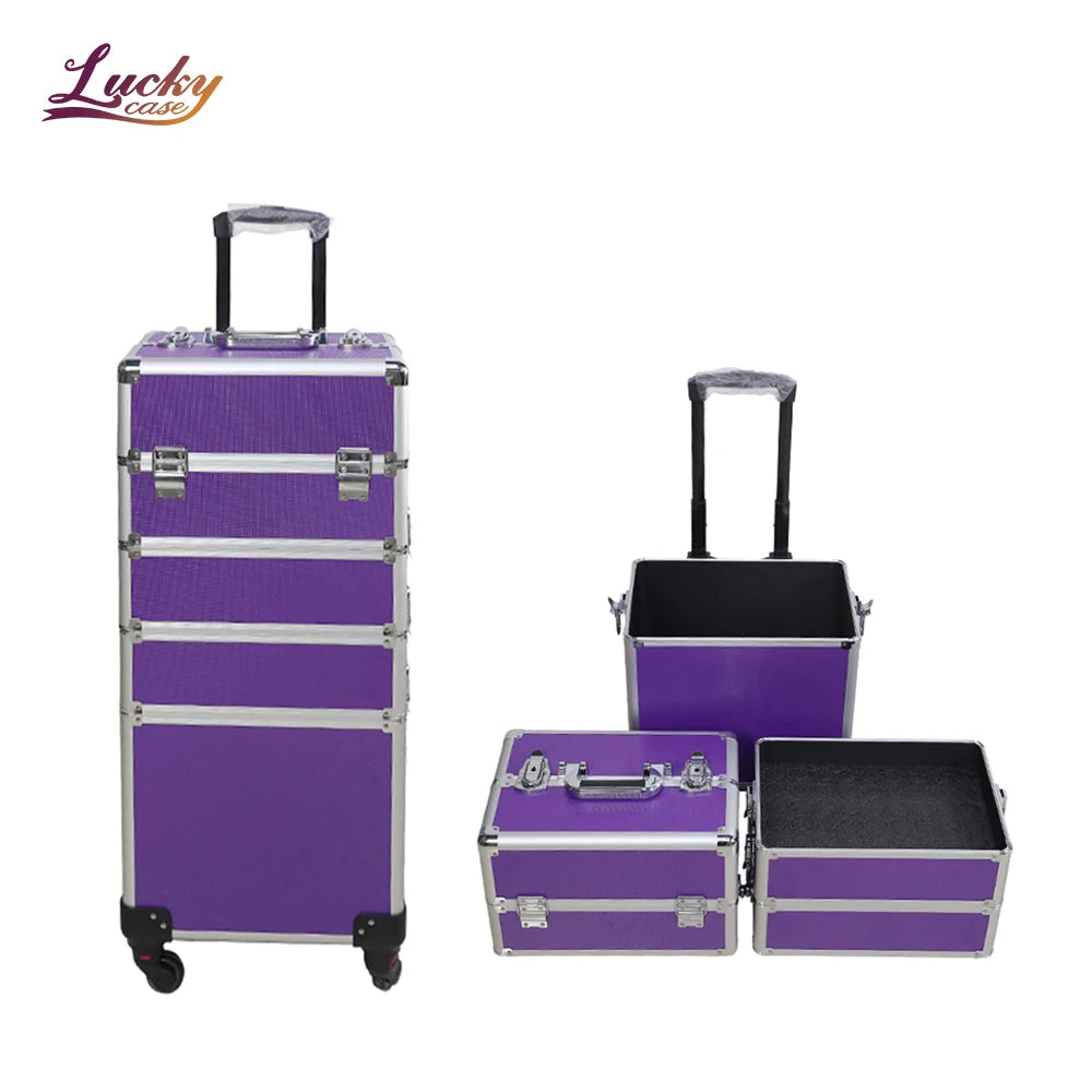 4 in 1 Rolling Aluminum Makeup Organizer With Nail Trays Wheeled Cosmetic Case for Makeup Artist Waterproof Train Vanity Box