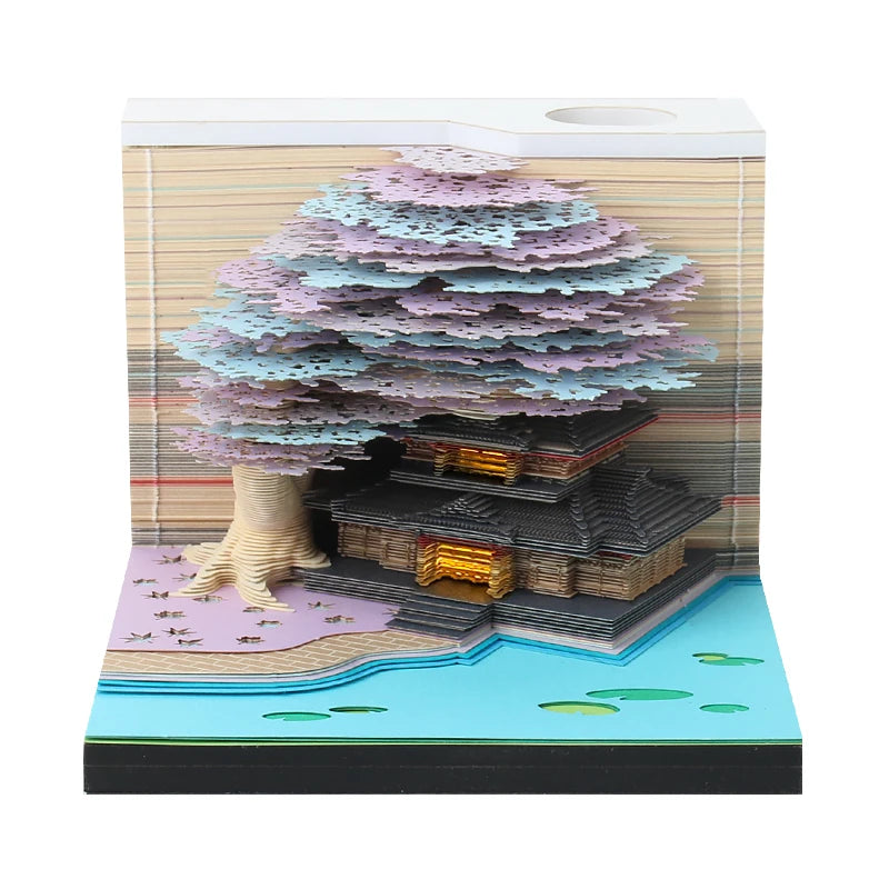 Omoshiroi Block Tree House 3D Paper Cut Lighted Memo Cube Customized Design Memo Pad for Office