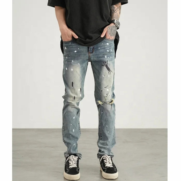 Custom Label Trousers for Men Drop Ship  Stock Street Wear Stock Paint Ripped Blue Mens Jean Trousers