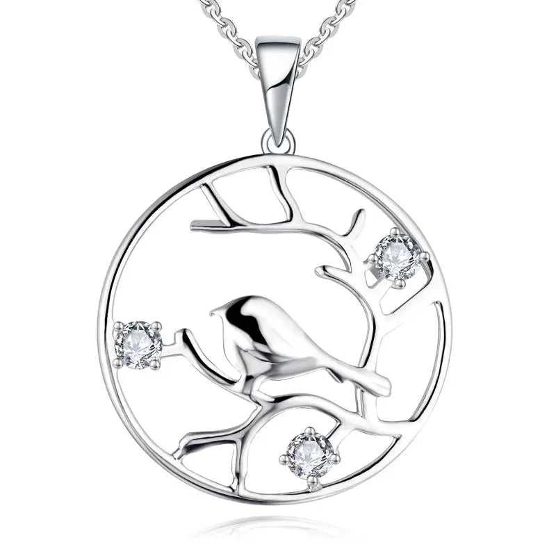 925 Sterling Silver Spring Bird and Tree Leaf Leaves Pendant Charm Necklace Custom Jewelry for Friend