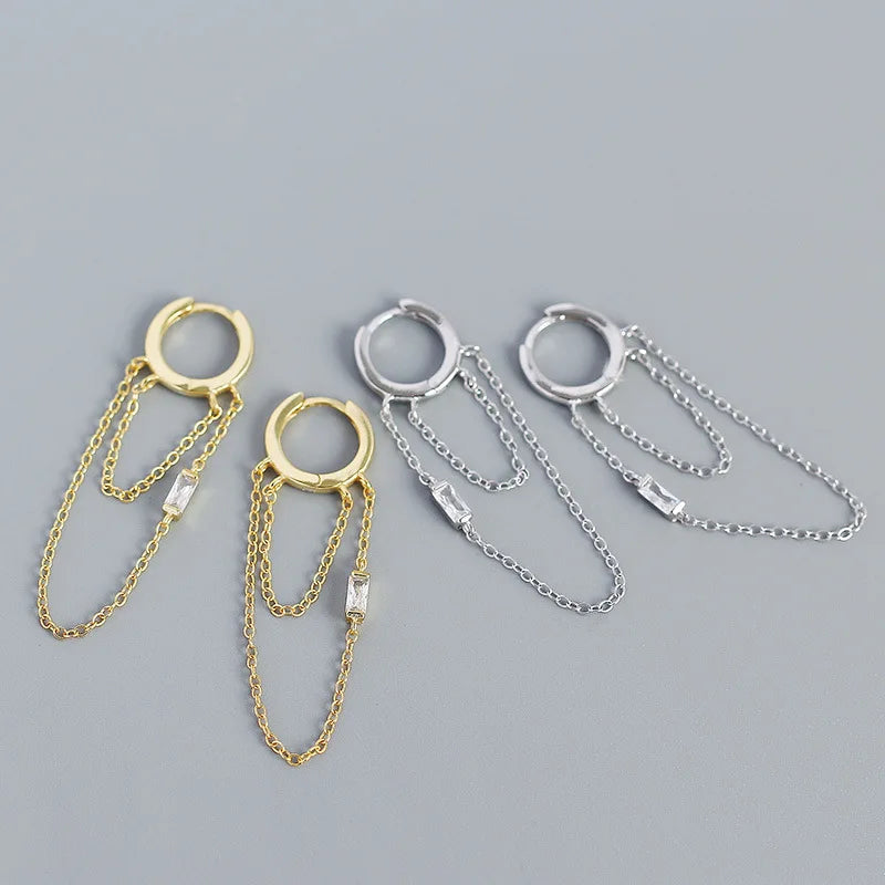 Fashionable European and American Style Tassel S925 Silver Ins Chain Inlaid with Zircon High-end Feeling Stackable Earrings