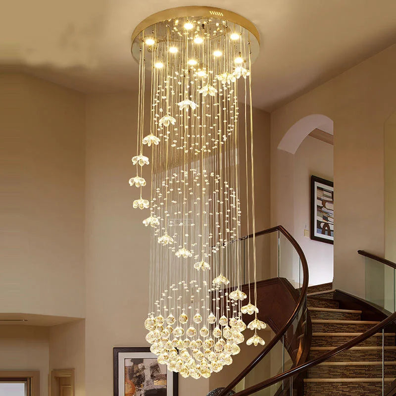 Large Long Staircase Lighting LED Ball Pendant Lamp Raindrop Spiral Crystal Chain Chandelier for Hotel and Home