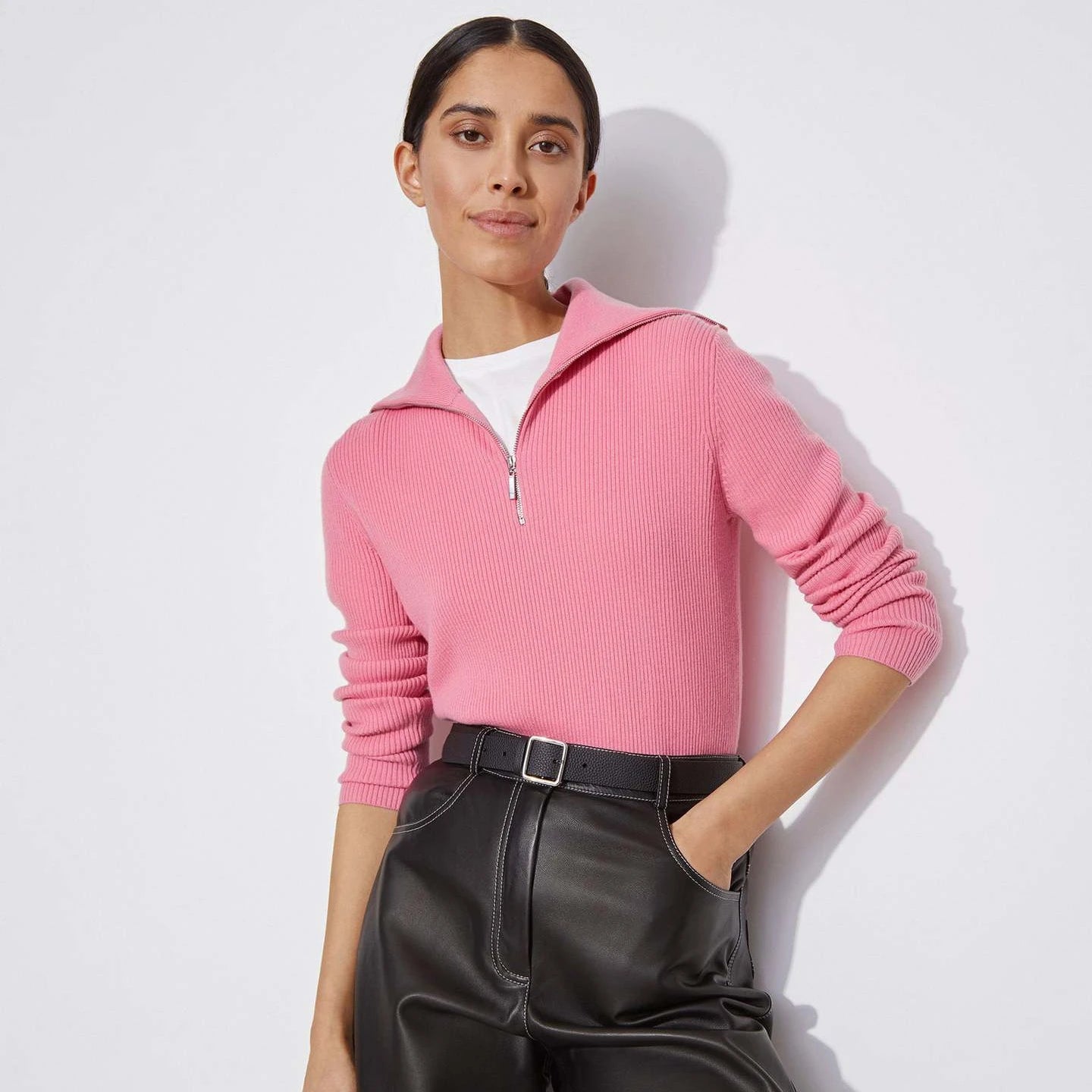 2026 Clothing Women High Neck Zipper Lapel Plain Knitted Pullover Sweater