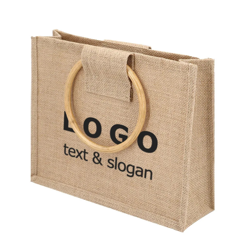 Customized Round Bamboo Handle Burlap Bag Designed Eco Jute Beach Shop Bag Promotional Natural Gift Bag with Logo