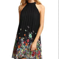 Summer Woman Black Round Neck Sleeveless Casual Floral Print Cut Away Dress
