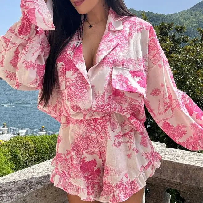 Enyami Summer Casual Suits Floral Flared Long Sleeve Shirt Top Outfits Women Clothing Elegant 2 Piece Blouse Ruffle Shorts Set