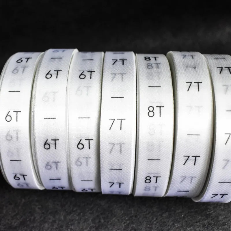 In Stock Kids Wear White Size Label 1T 2T 3T 4T 5T 6T 7T 8T 9T 10T 11T 12T 13T 14T Satin Printed Label for Children Clothing