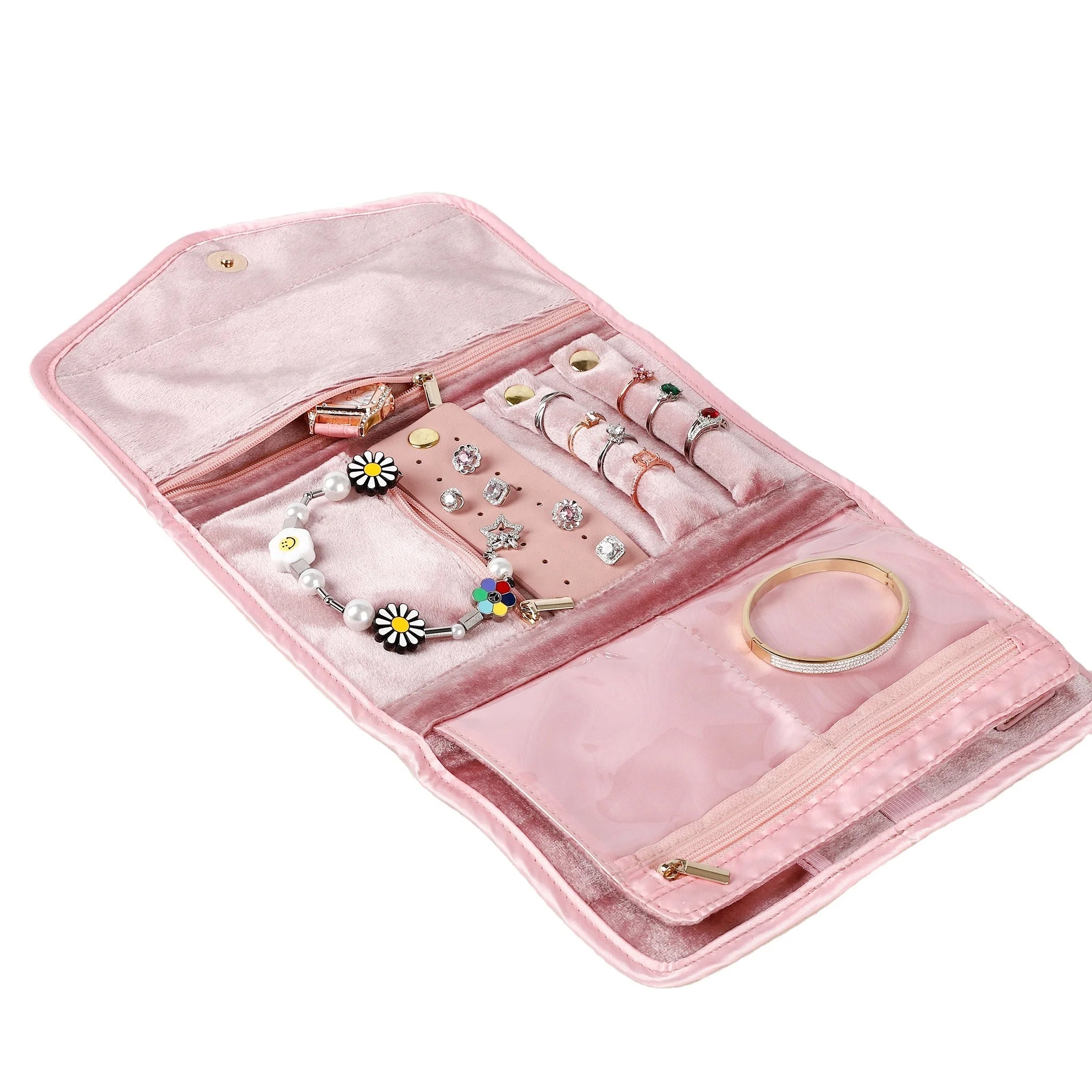Compact Travel Fabric Velvet Jewelry Box Roll Foldable Jewelry Organizer Bag for Journey-Ring Necklace Bracelet Earring