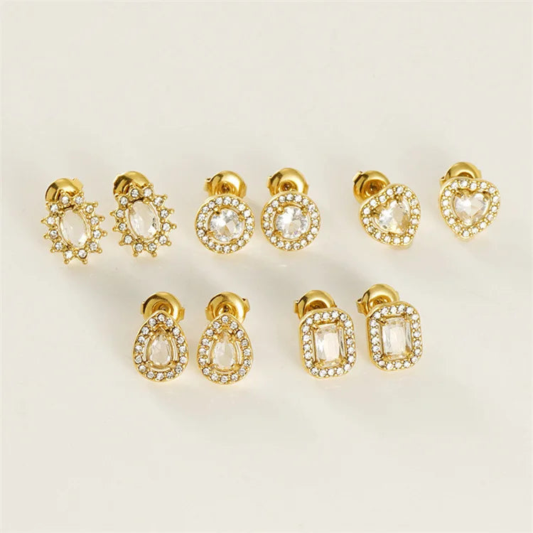 Wholesale Trend Stainless Steel Double Layered Stud Diamond Crystal Design Heart Water Drop Earrings