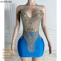 Ocstrade Shiny Silver Rhinestone Applique Bodice Open Back Satin Mini Club Dress Hollow Out Royal Blue Bridesmaid Dress Women