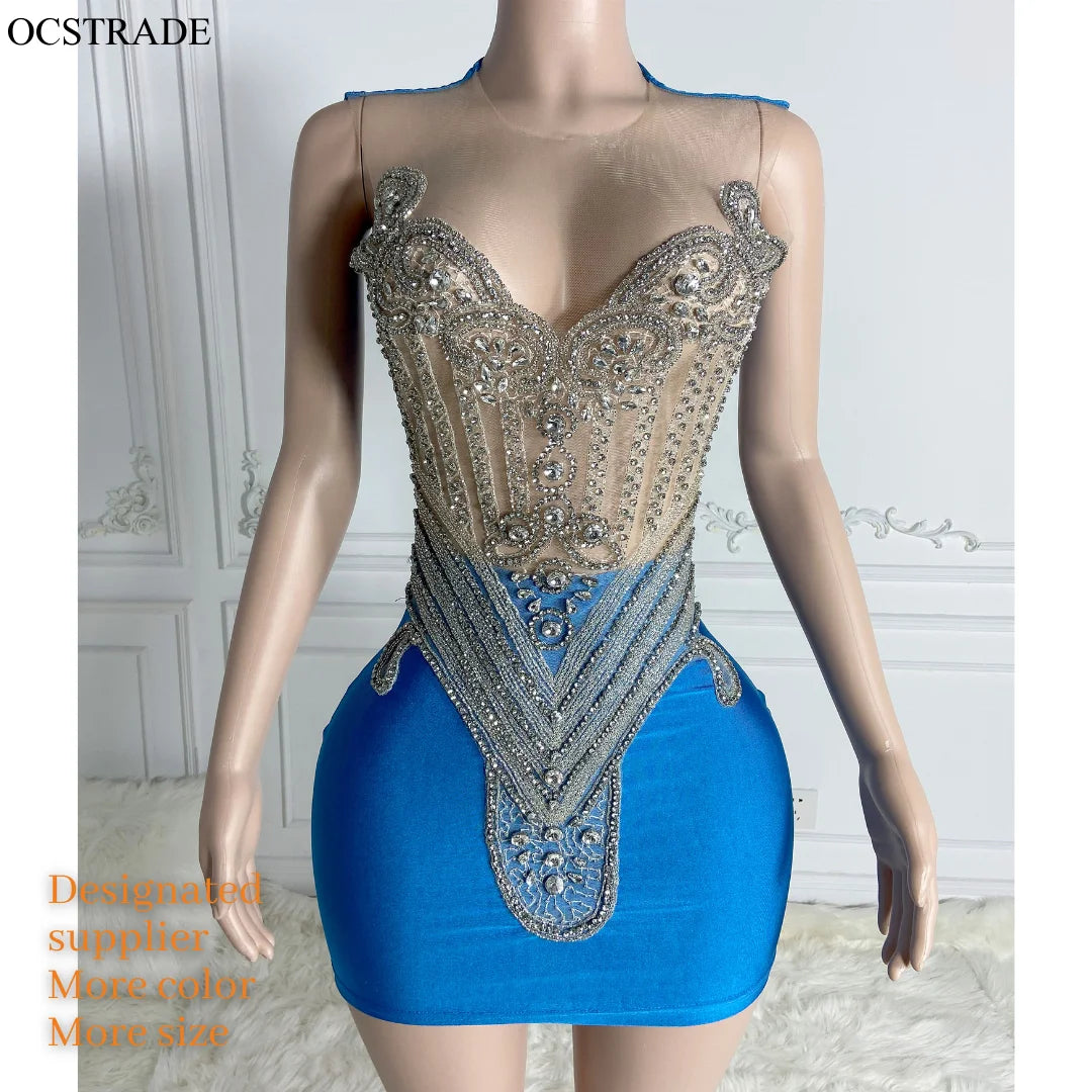 Ocstrade Shiny Silver Rhinestone Applique Bodice Open Back Satin Mini Club Dress Hollow Out Royal Blue Bridesmaid Dress Women