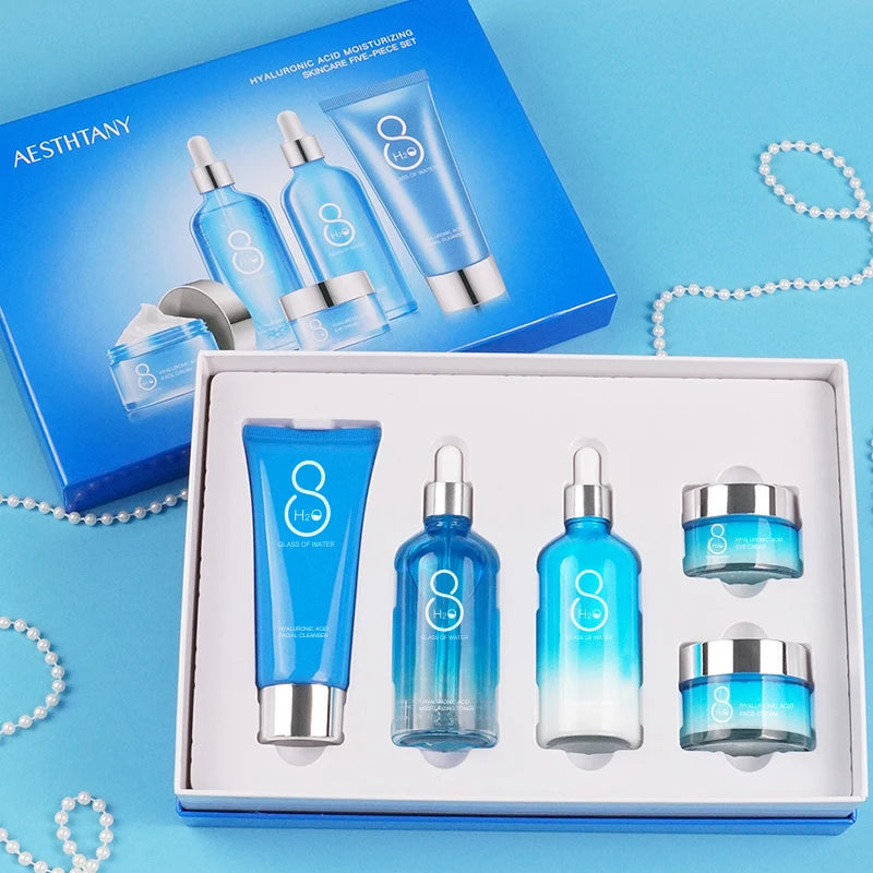 AESTHTANY Hyaluronic Acid 6-Piece Vegan Luxurious Skin Care Set Moisturizing Facial Cleanser Toner Serum Eye Cream