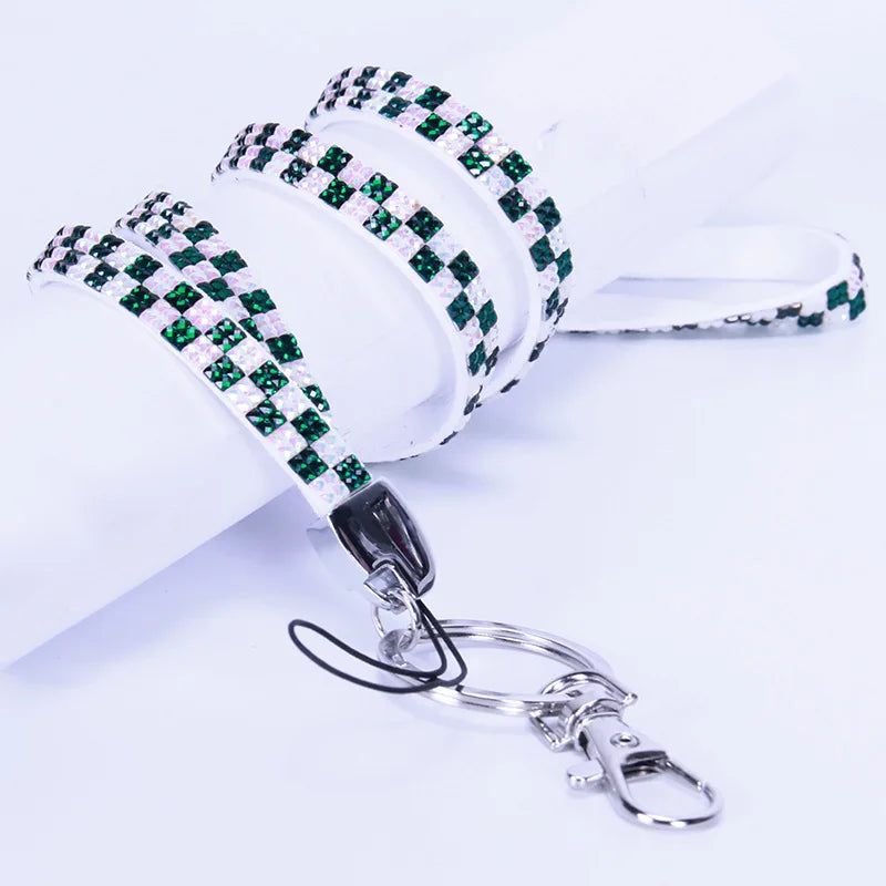 Fashion Trending Anti-lost pink Bling Glitter Diamond ID Card Holder Lanyard Metal Keychain Crystal Mobile Phone Hanging Strap