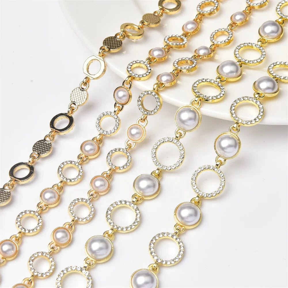 Simple Style Pearl Crystal Hollow Circle Metal Chain Golden Rhinestone Trim for Party Clothes Sling Decorative Waist Belt Chain